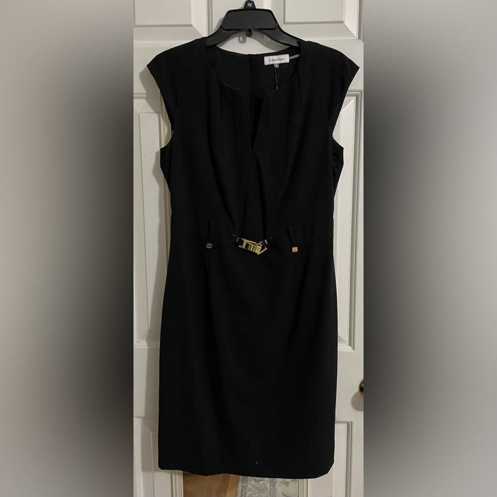 Calvin Klein Black Suit-dress, NWT, gold hardware, cap sleeve, fitted waist
